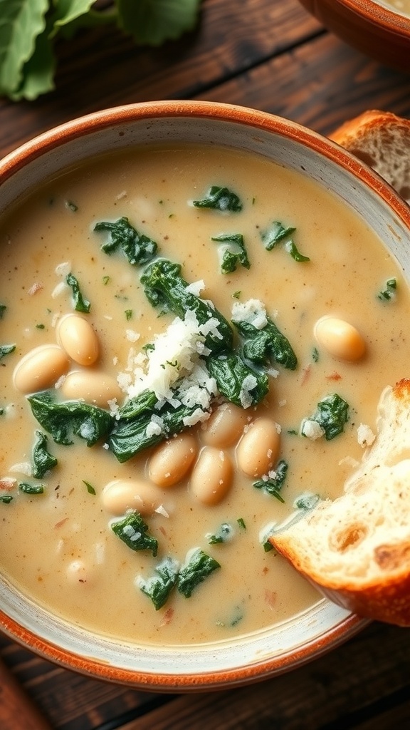 A bowl of creamy kale and white bean soup garnished with Parmesan cheese, served with crusty bread on a wooden table.